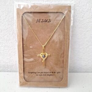 Jesus Gold Tone Cross Pendant Necklace + Bracelet Jewelry Mother Daughter Gift
